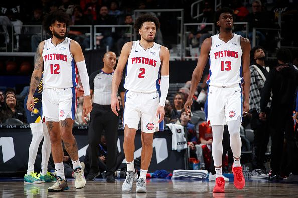 DETROIT, MI - DECEMBER 11: Cade Cunningham #2, Isaiah Livers #12 and James Wiseman #13 of the Detroit Pistons stand on the court after the game against the Indiana Pacers on December 11, 2023 at Little Caesars Arena in Detroit, Michigan. NOTE TO USER: User expressly acknowledges and agrees that, by downloading and/or using this photograph, User is consenting to the terms and conditions of the Getty Images License Agreement. Mandatory Copyright Notice: Copyright 2023 NBAE (Photo by Brian Sevald/NBAE via Getty Images)