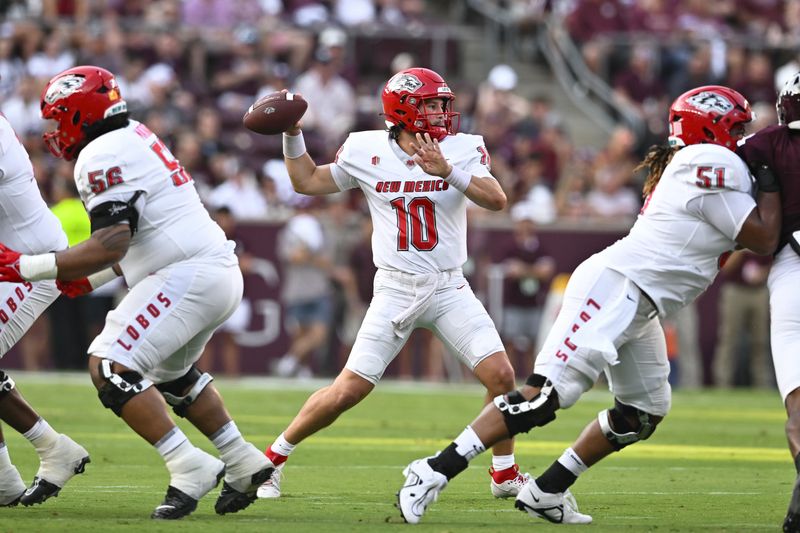 Sep 2, 2023; College Station, Texas, USA; New Mexico Lobos punter Aaron Rodriguez (10) throw the ball during the first quarter against the Texas A&M Aggies at Kyle Field. Mandatory Credit: Maria Lysaker-USA TODAY Sports