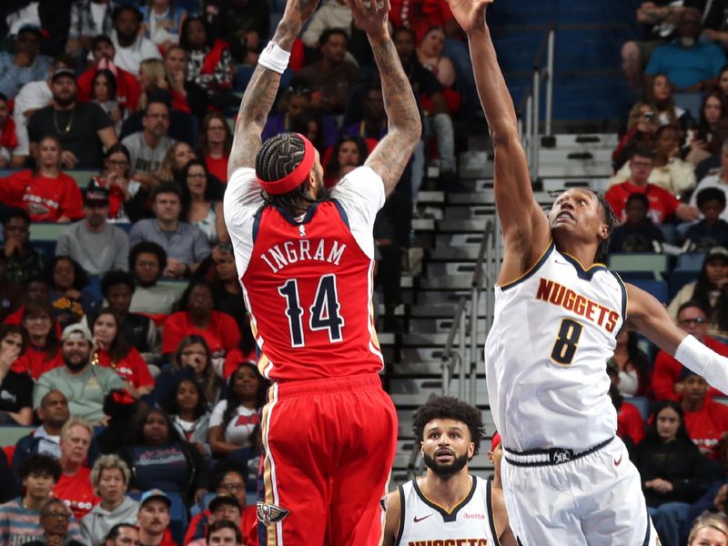 NEW ORLEANS, LA - NOVEMBER 15: Brandon Ingram #14 of the New Orleans Pelicans shoots the ball during the game against the Denver Nuggets during the Emirates NBA Cup game on November 15, 2024 at the Smoothie King Center in New Orleans, Louisiana. NOTE TO USER: User expressly acknowledges and agrees that, by downloading and or using this Photograph, user is consenting to the terms and conditions of the Getty Images License Agreement. Mandatory Copyright Notice: Copyright 2024 NBAE (Photo by Layne Murdoch Jr./NBAE via Getty Images)