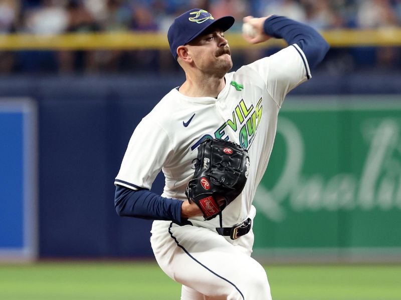 May 24, 2024; St. Petersburg, Florida, USA;  Tampa Bay Rays pitcher Tyler Alexander (14) throws a pitch against the Kansas City Royals during the third inning at Tropicana Field. Mandatory Credit: Kim Klement Neitzel-USA TODAY Sports