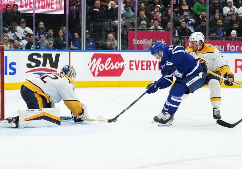 Dec 9, 2023; Toronto, Ontario, CAN; Toronto Maple Leafs center Calle Jarnkrok (19) battles for the puck with Nashville Predators defenseman Jeremy Lauzon (3) in front of goaltender Kevin Lankinen (32) during the third period at Scotiabank Arena. Mandatory Credit: Nick Turchiaro-USA TODAY Sports