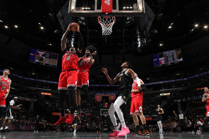 MEMPHIS, TN - FEBRUARY 8: Andre Drummond #3 of the Chicago Bulls grabs a rebound during the game against the Memphis Grizzlies on February 8, 2024 at FedExForum in Memphis, Tennessee. NOTE TO USER: User expressly acknowledges and agrees that, by downloading and or using this photograph, User is consenting to the terms and conditions of the Getty Images License Agreement. Mandatory Copyright Notice: Copyright 2024 NBAE (Photo by Joe Murphy/NBAE via Getty Images)