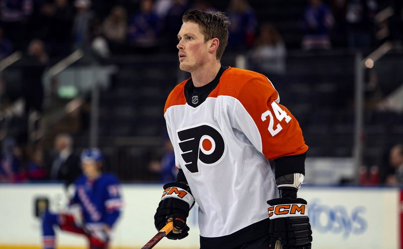 Apr 11, 2024; New York, New York, USA; Philadelphia Flyers defenseman Nick Seeler (24) looks on before the first period against the New York Rangers at Madison Square Garden. Mandatory Credit: Danny Wild-USA TODAY Sports