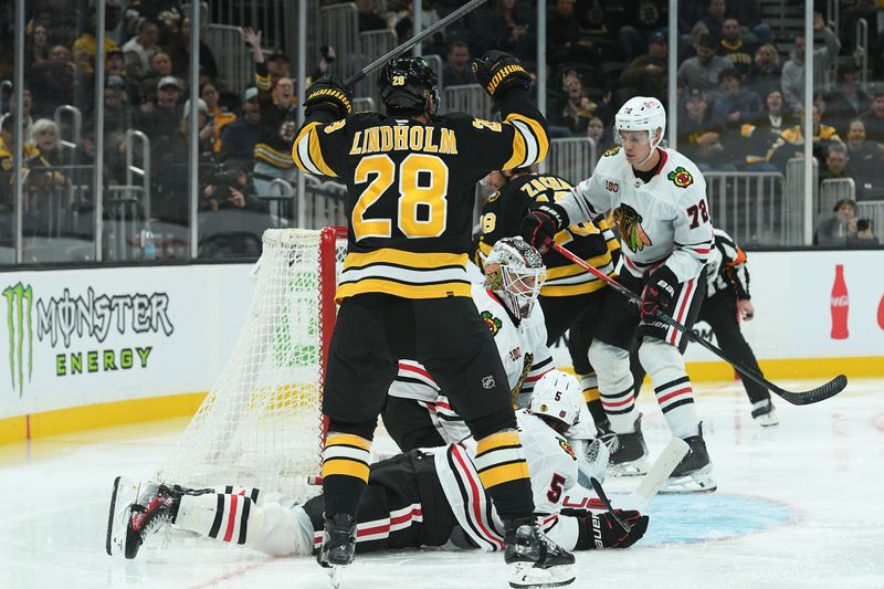 Oct 9, 2025; Boston, Massachusetts, USA; Boston Bruins center Elias Lindholm (28) reacts after scoring a goal past Chicago Blackhawks goaltender Arvid Soderblom (40) during the third period at TD Garden. Mandatory Credit: Bob DeChiara-Imagn Images
