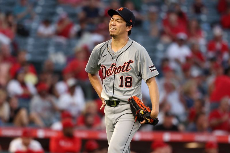Jun 28, 2024; Anaheim, California, USA;  Detroit Tigers starting pitcher Kenta Maeda (18) reacts after giving up a base hit during the fifth inning against the Los Angeles Angels at Angel Stadium. Mandatory Credit: Kiyoshi Mio-USA TODAY Sports