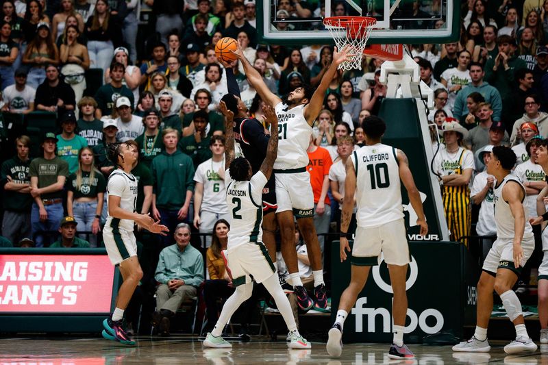 Dec 6, 2023; Fort Collins, Colorado, USA; Colorado State Rams guard Rashaan Mbemba (21) blocks the shot of Denver Pioneers guard Tommy Bruner (0) as guard Taviontae Jackson (2) and guard Kyan Evans (0) and guard Nique Clifford (10) defend in the second half at Moby Arena. Mandatory Credit: Isaiah J. Downing-USA TODAY Sports