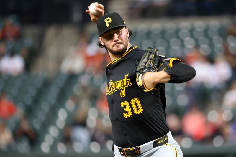 Sep 10, 2025; Baltimore, Maryland, USA; Pittsburgh Pirates pitcher Paul Skenes (30) throws during the second inning against Baltimore Orioles at Oriole Park at Camden Yards. Mandatory Credit: Daniel Kucin Jr.-Imagn Images