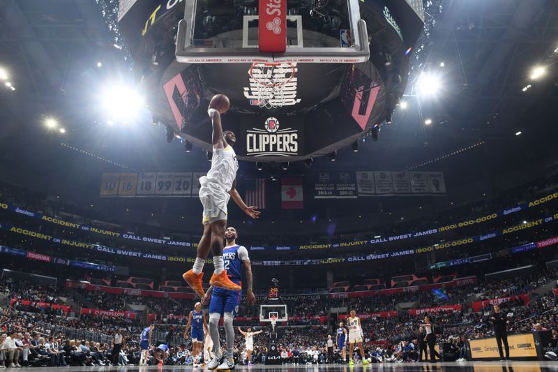 LOS ANGELES, CA - APRIL 12: Brice Sensabaugh #8 of the Utah Jazz dunks the ball during the game against the LA Clippers on April 12, 2024 at Crypto.Com Arena in Los Angeles, California. NOTE TO USER: User expressly acknowledges and agrees that, by downloading and/or using this Photograph, user is consenting to the terms and conditions of the Getty Images License Agreement. Mandatory Copyright Notice: Copyright 2024 NBAE (Photo by Adam Pantozzi/NBAE via Getty Images)