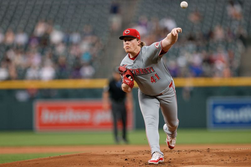 Jun 3, 2024; Denver, Colorado, USA; Cincinnati Reds starting pitcher Andrew Abbott (41) pitches in the first inning against the Colorado Rockies at Coors Field. Mandatory Credit: Isaiah J. Downing-USA TODAY Sports