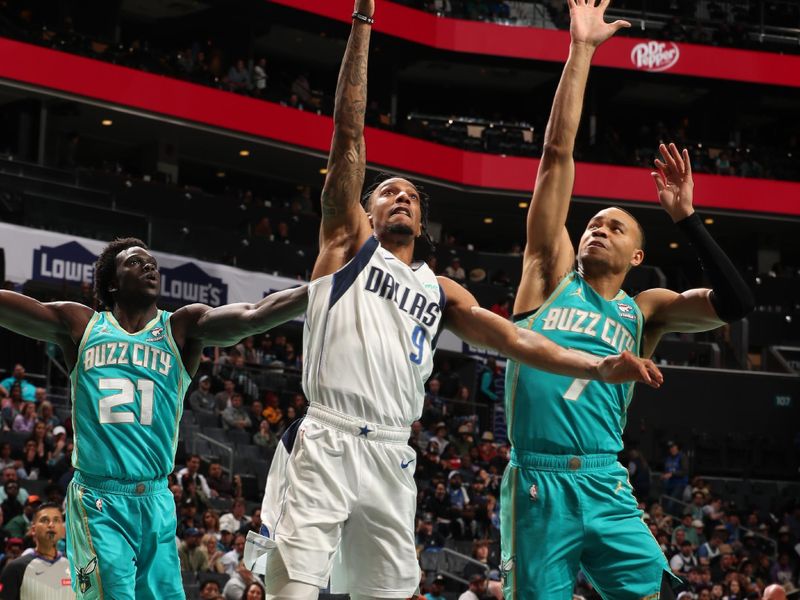 CHARLOTTE, NC - APRIL 9: AJ Lawson #9 of the Dallas Mavericks shoots the ball during the game against the Charlotte Hornets on April 9, 2024 at Spectrum Center in Charlotte, North Carolina. NOTE TO USER: User expressly acknowledges and agrees that, by downloading and or using this photograph, User is consenting to the terms and conditions of the Getty Images License Agreement. Mandatory Copyright Notice: Copyright 2024 NBAE (Photo by Kent Smith/NBAE via Getty Images)