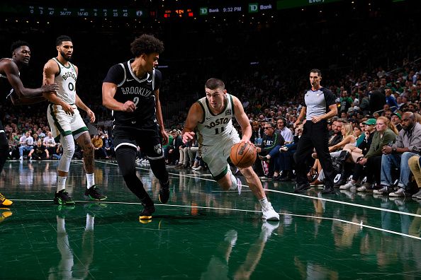 BOSTON, MA - NOVEMBER 10: Payton Pritchard #11 of the Boston Celtics drives to the basket during the game against the Brooklyn Nets during the In-Season Tournament on November 10, 2023 at the TD Garden in Boston, Massachusetts. NOTE TO USER: User expressly acknowledges and agrees that, by downloading and or using this photograph, User is consenting to the terms and conditions of the Getty Images License Agreement. Mandatory Copyright Notice: Copyright 2023 NBAE  (Photo by Brian Babineau/NBAE via Getty Images)