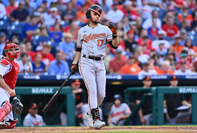 Jul 25, 2023; Philadelphia, Pennsylvania, USA; Baltimore Orioles outfielder Colton Cowser (17) reacts after swinging against the Philadelphia Phillies in the second inning at Citizens Bank Park. Mandatory Credit: Kyle Ross-USA TODAY Sports