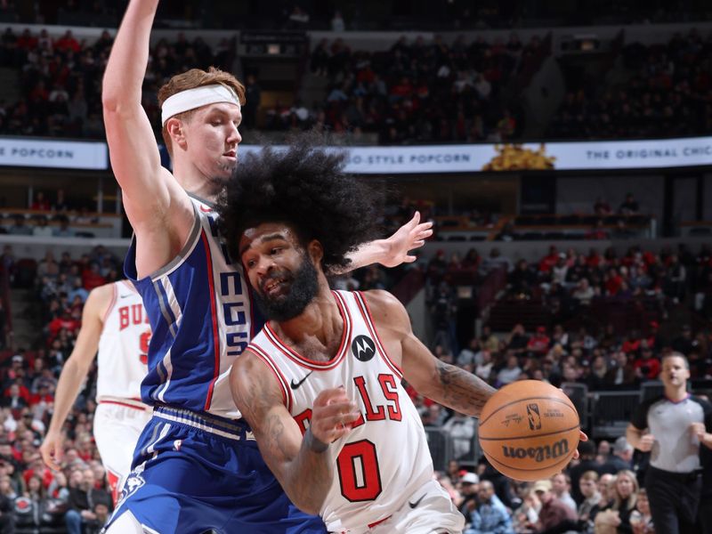 CHICAGO, IL - FEBRUARY 3: Coby White #0 of the Chicago Bulls drives to the basket during the game against the Sacramento Kings on February 3, 2024 at United Center in Chicago, Illinois. NOTE TO USER: User expressly acknowledges and agrees that, by downloading and or using this photograph, User is consenting to the terms and conditions of the Getty Images License Agreement. Mandatory Copyright Notice: Copyright 2024 NBAE (Photo by Jeff Haynes/NBAE via Getty Images)