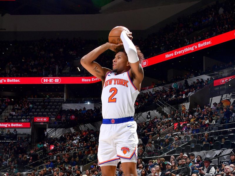 SAN ANTONIO, TX - DECEMBER 29: Miles McBride #2 of the New York Knicks shoots a three point basket during the game against the San Antonio Spurs on December 29, 2022 at the AT&T Center in San Antonio, Texas. NOTE TO USER: User expressly acknowledges and agrees that, by downloading and or using this photograph, user is consenting to the terms and conditions of the Getty Images License Agreement. Mandatory Copyright Notice: Copyright 2022 NBAE (Photos by Michael Gonzales/NBAE via Getty Images)