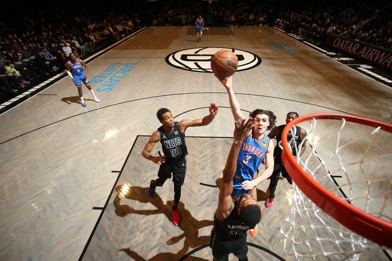 BROOKLYN, NY - JANUARY 5: Josh Giddey #3 of the Oklahoma City Thunder goes to the basket during the game on January 5, 2024 at Barclays Center in Brooklyn, New York. NOTE TO USER: User expressly acknowledges and agrees that, by downloading and or using this Photograph, user is consenting to the terms and conditions of the Getty Images License Agreement. Mandatory Copyright Notice: Copyright 2024 NBAE (Photo by Nathaniel S. Butler/NBAE via Getty Images)