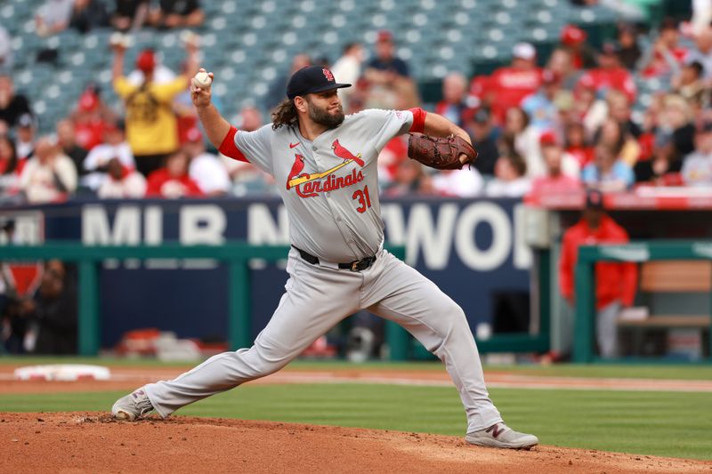 May 15, 2024; Anaheim, California, USA;  St. Louis Cardinals starting pitcher Lance Lynn (31) pitches during the first inning against the Los Angeles Angels at Angel Stadium. Mandatory Credit: Kiyoshi Mio-USA TODAY Sports