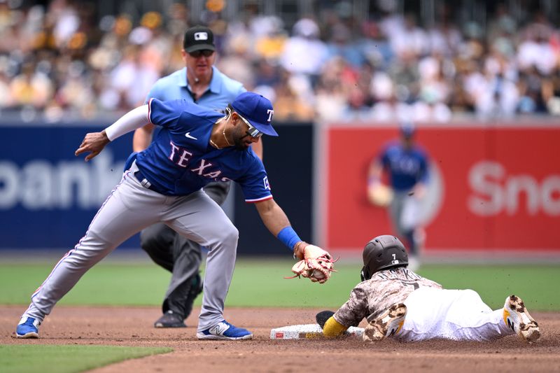 Jul 30, 2023; San Diego, California, USA; San Diego Padres second baseman Ha-seong Kim (7) steals second base ahead of the tag by Texas Rangers shortstop Ezequiel Duran (20) during the first inning at Petco Park. Mandatory Credit: Orlando Ramirez-USA TODAY Sports