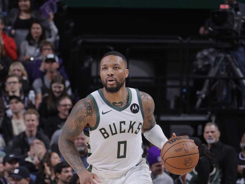 SACRAMENTO, CA - MARCH 12: Damian Lillard #0 of the Milwaukee Bucks dribbles the ball during the game against the Sacramento Kings on March 12, 2024 at Golden 1 Center in Sacramento, California. NOTE TO USER: User expressly acknowledges and agrees that, by downloading and or using this Photograph, user is consenting to the terms and conditions of the Getty Images License Agreement. Mandatory Copyright Notice: Copyright 2024 NBAE (Photo by Rocky Widner/NBAE via Getty Images)