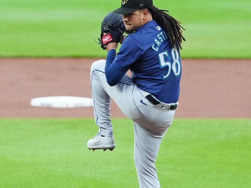 May 18, 2024; Baltimore, Maryland, USA; Seattle Mariners pitcher Luis Castillo (58) delivers a pitch against the Baltimore Orioles during the first inning at Oriole Park at Camden Yards. Mandatory Credit: Gregory Fisher-USA TODAY Sports