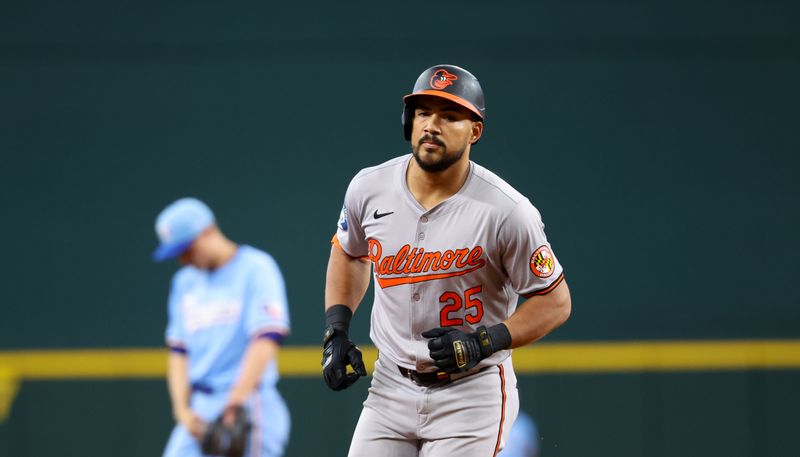 Jul 21, 2024; Arlington, Texas, USA;  Baltimore Orioles right fielder Anthony Santander (25) reacts after hitting a two run home run during the eighth inning against the Texas Rangers at Globe Life Field. Mandatory Credit: Kevin Jairaj-USA TODAY Sports