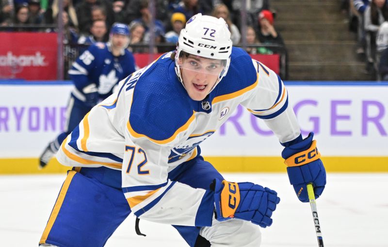 Nov 4, 2023; Toronto, Ontario, CAN; Buffalo Sabres forward Tage Thompson (72) pursues the play against the Toronto Maple Leafs in the third  period at Scotiabank Arena. Mandatory Credit: Dan Hamilton-USA TODAY Sports