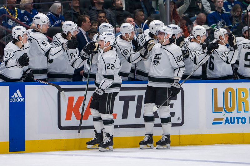 Mar 25, 2024; Vancouver, British Columbia, CAN; Los Angeles Kings forward Kevin Fiala (22) and forward Pierre-Luc Dubois (80) celebrate Fiala’s goal against the Vancouver Canucks in the first period at Rogers Arena. Mandatory Credit: Bob Frid-USA TODAY Sports