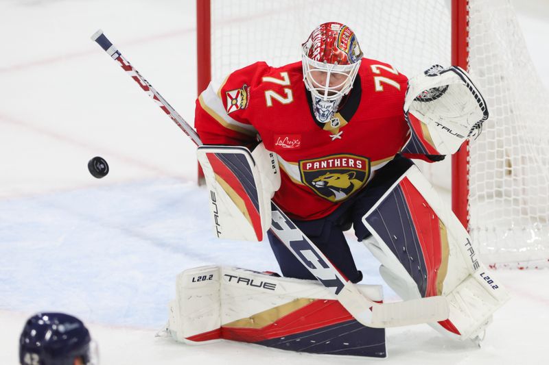 Dec 8, 2023; Sunrise, Florida, USA; Florida Panthers goaltender Sergei Bobrovsky (72) makes a save against the Pittsburgh Penguins during the third period at Amerant Bank Arena. Mandatory Credit: Sam Navarro-USA TODAY Sports