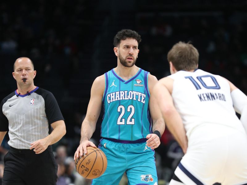 CHARLOTTE, NC - FEBRUARY 10:  Vasilije Micic #22 of the Charlotte Hornets handles the ball during the game  on February 10, 2024 at Spectrum Center in Charlotte, North Carolina. NOTE TO USER: User expressly acknowledges and agrees that, by downloading and or using this photograph, User is consenting to the terms and conditions of the Getty Images License Agreement.  Mandatory Copyright Notice:  Copyright 2024 NBAE (Photo by Brock Williams-Smith/NBAE via Getty Images)