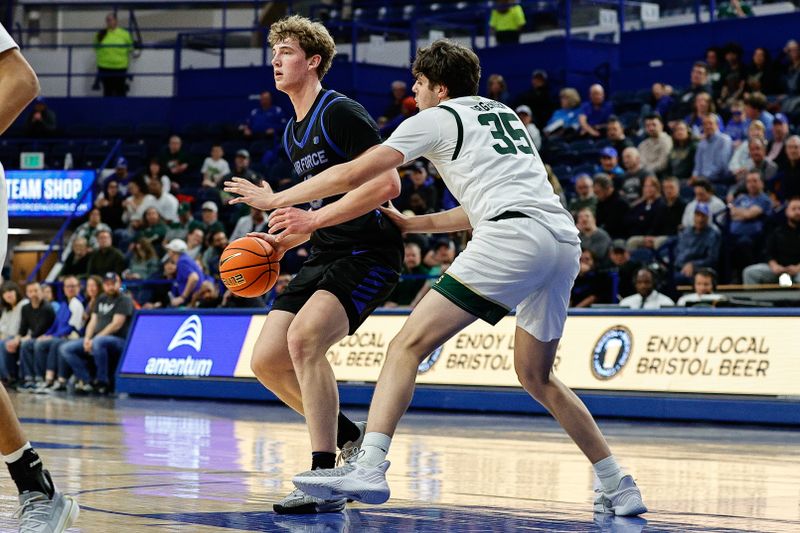 Feb 25, 2025; Colorado Springs, Colorado, USA; Air Force Falcons forward Caleb Walker (10) controls the ball as Colorado State Rams forward Kyle Jorgensen (35) guards in the second half at Clune Arena. Mandatory Credit: Isaiah J. Downing-Imagn Images