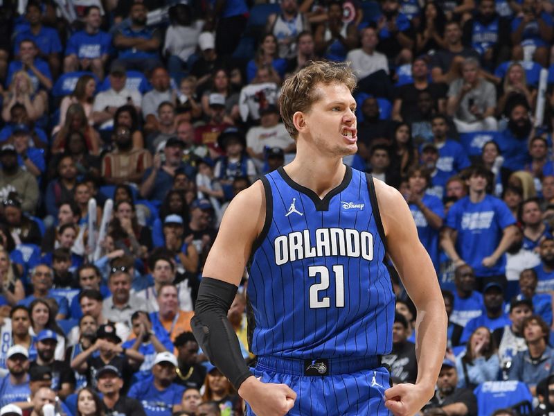 ORLANDO, FL - APRIL 27: Moritz Wagner #21 of the Orlando Magic celebrates during the game against the Cleveland Cavaliers during Round 1 Game 4 of the 2024 NBA Playoffs on April 27, 2024 at the Kia Center in Orlando, Florida. NOTE TO USER: User expressly acknowledges and agrees that, by downloading and or using this photograph, User is consenting to the terms and conditions of the Getty Images License Agreement. Mandatory Copyright Notice: Copyright 2024 NBAE (Photo by Fernando Medina/NBAE via Getty Images)