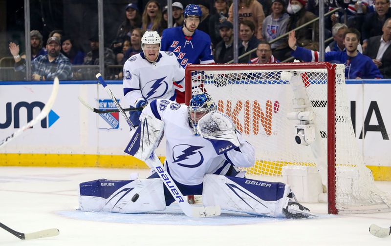 Apr 5, 2023; New York, New York, USA; Tampa Bay Lightning goalie Andrei Vasilevskiy (88) makes a save against the New York Rangers during the third period at Madison Square Garden. Mandatory Credit: Danny Wild-USA TODAY Sports