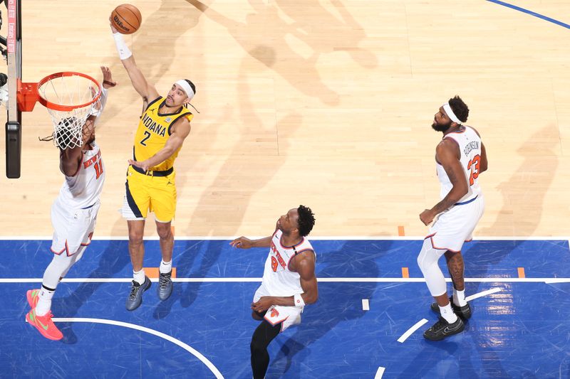 NEW YORK, NY - MAY 29:  Andrew Nembhard #2 of the Indiana Pacers drives to the basket during the game against the New York Knicks during Game 5 of the 2025 Eastern Conference Finals on May 29, 2025 at Madison Square Garden in New York City, New York.  NOTE TO USER: User expressly acknowledges and agrees that, by downloading and or using this photograph, User is consenting to the terms and conditions of the Getty Images License Agreement. Mandatory Copyright Notice: Copyright 2025 NBAE  (Photo by Nathaniel S. Butler/NBAE via Getty Images)
