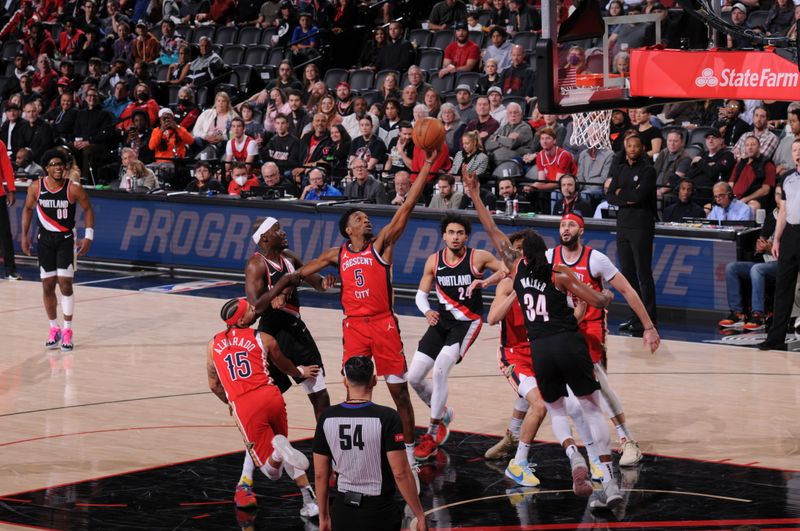 PORTLAND, OR - APRIL 9: Herb Jones #5 of the New Orleans Pelicans drives to the basket during the game against the Portland Trail Blazers on April 9, 2024 at the Moda Center Arena in Portland, Oregon. NOTE TO USER: User expressly acknowledges and agrees that, by downloading and or using this photograph, user is consenting to the terms and conditions of the Getty Images License Agreement. Mandatory Copyright Notice: Copyright 2024 NBAE (Photo by Cameron Browne/NBAE via Getty Images)