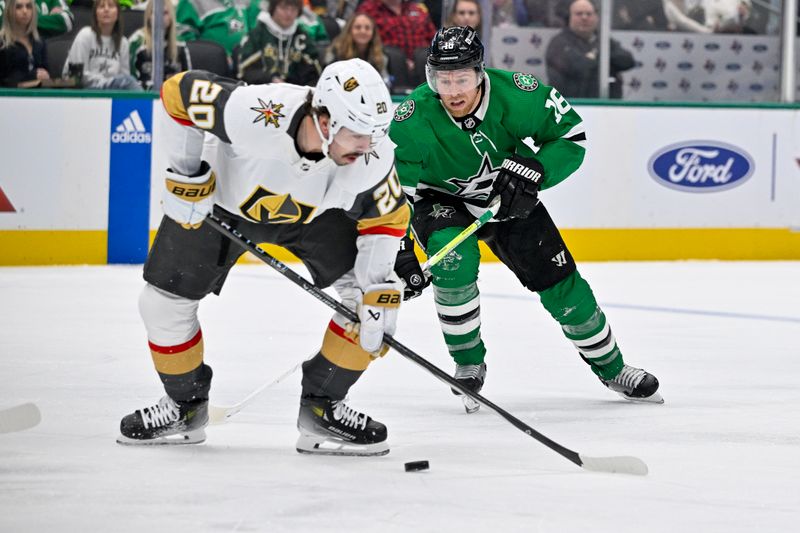 Dec 9, 2023; Dallas, Texas, USA; Vegas Golden Knights center Chandler Stephenson (20) and Dallas Stars center Joe Pavelski (16) chase the puck during the second period at the American Airlines Center. Mandatory Credit: Jerome Miron-USA TODAY Sports