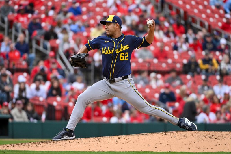 Apr 27, 2025; St. Louis, Missouri, USA;  Milwaukee Brewers starting pitcher Jose Quintana (62) pitches against the St. Louis Cardinals during the third inning at Busch Stadium. Mandatory Credit: Jeff Curry-Imagn Images
