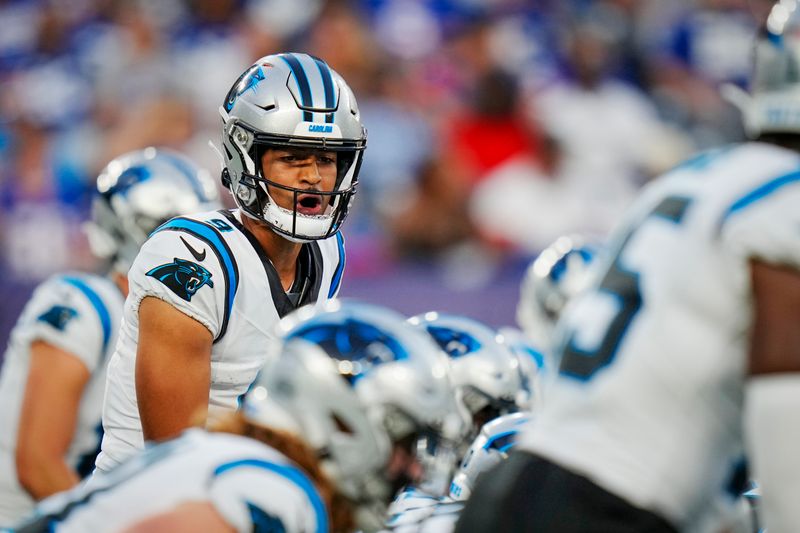 Carolina Panthers quarterback Bryce Young (9) prepares for the play during an NFL pre-season football game against the New York Giants on Friday, Aug. 18, 2023, in East Rutherford, N.J. (AP Photo/Rusty Jones)