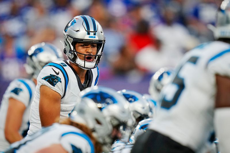 Carolina Panthers quarterback Bryce Young (9) prepares for the play during an NFL pre-season football game against the New York Giants on Friday, Aug. 18, 2023, in East Rutherford, N.J. (AP Photo/Rusty Jones)