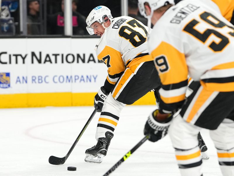 Jan 5, 2023; Las Vegas, Nevada, USA; Pittsburgh Penguins center Sidney Crosby (87) warms up before a game against the Vegas Golden Knights at T-Mobile Arena. Mandatory Credit: Stephen R. Sylvanie-USA TODAY Sports