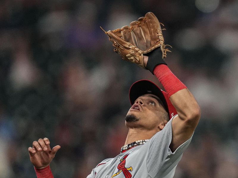 Sep 6, 2023; Cumberland, Georgia, USA; St. Louis Cardinals shortstop Masyn Winn (0) catches a fly ball hit by Atlanta Braves catcher Sean Murphy (12) (not shown) during the eighth inning at Truist Park. Mandatory Credit: Dale Zanine-USA TODAY Sports