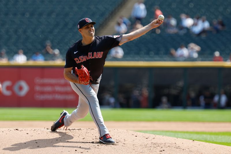 Sep 11, 2024; Chicago, Illinois, USA; Cleveland Guardians starting pitcher Matthew Boyd (16) delivers a pitch against the Chicago White Sox during the first inning at Guaranteed Rate Field. Mandatory Credit: Kamil Krzaczynski-Imagn Images