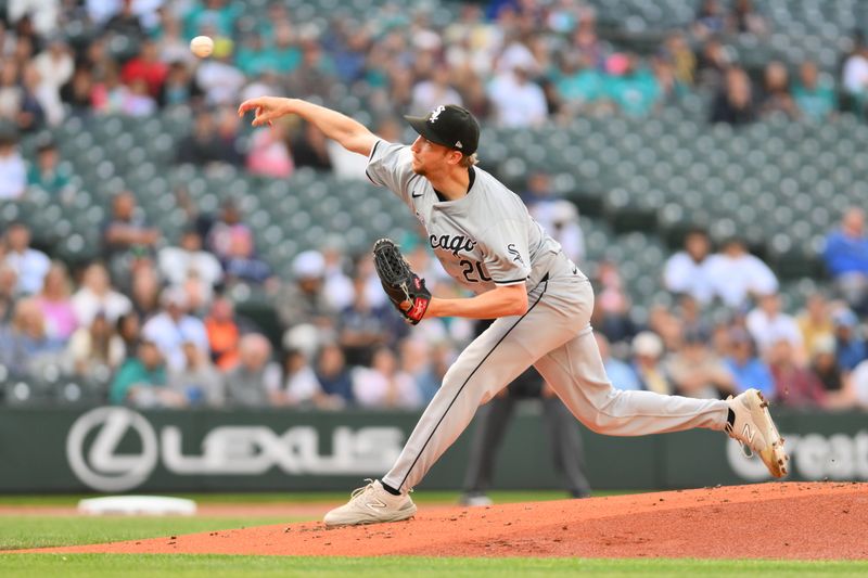 Jun 10, 2024; Seattle, Washington, USA; Chicago White Sox starting pitcher Erick Fedde (20) pitches to the Seattle Mariners during the first inning at T-Mobile Park. Mandatory Credit: Steven Bisig-USA TODAY Sports