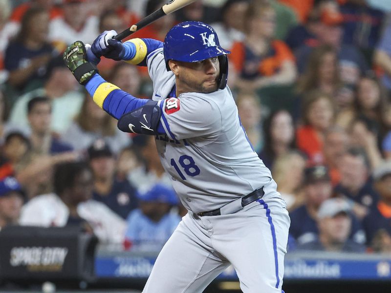 Sep 1, 2024; Houston, Texas, USA; Kansas City Royals designated hitter Yuli Gurriel (18) bats during the second inning against the Houston Astros at Minute Maid Park. Mandatory Credit: Troy Taormina-USA TODAY Sports