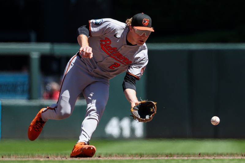 May 8, 2025; Minneapolis, Minnesota, USA; Baltimore Orioles shortstop Gunnar Henderson (2) fields the ball against the Minnesota Twins during the fifth inning at Target Field. Mandatory Credit: Matt Krohn-Imagn Images