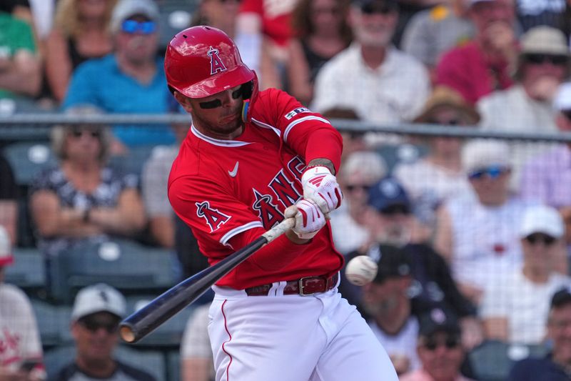 Mar 3, 2024; Tempe, Arizona, USA; Los Angeles Angels shortstop Zach Neto (9) bats against the Chicago White Sox during the second inning at Tempe Diablo Stadium. Mandatory Credit: Joe Camporeale-USA TODAY Sports