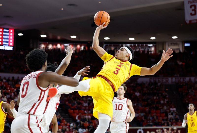 Jan 6, 2024; Norman, Oklahoma, USA; Iowa State Cyclones guard Tamin Lipsey (3) shoots against the Oklahoma Sooners during the first half at Lloyd Noble Center. Mandatory Credit: Alonzo Adams-USA TODAY Sports