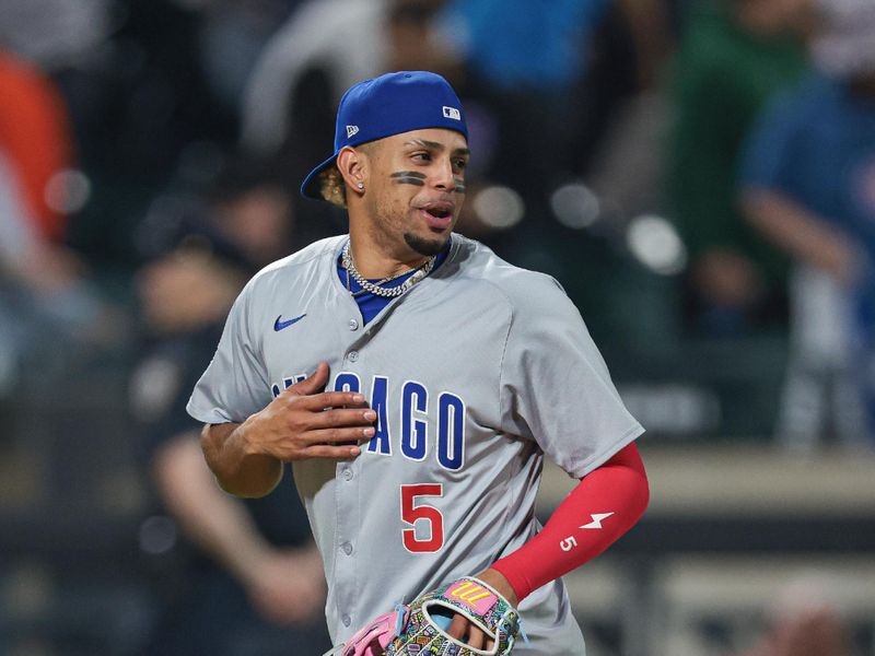 Apr 29, 2024; New York City, New York, USA; Chicago Cubs third baseman Christopher Morel (5) reacts after the game against the New York Mets at Citi Field. Mandatory Credit: Vincent Carchietta-USA TODAY Sports