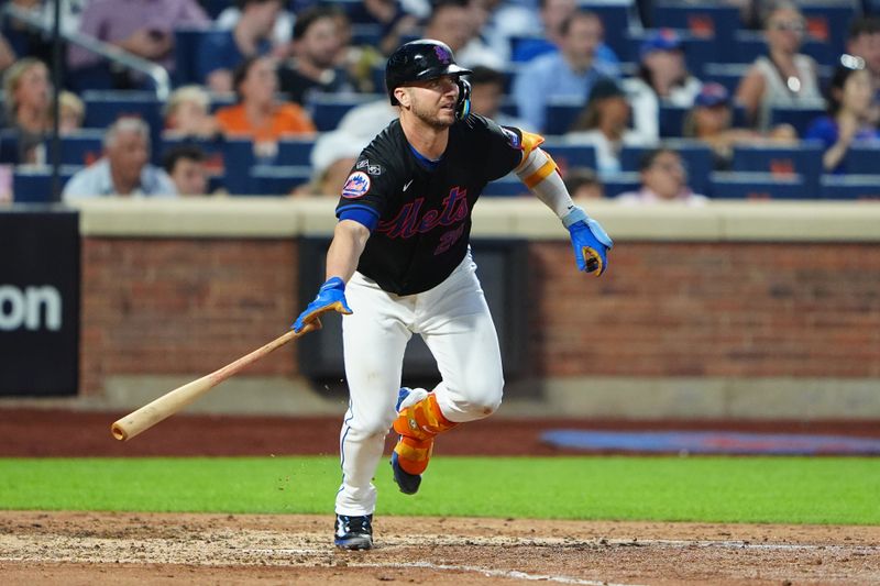 Jul 10, 2024; New York City, New York, USA; New York Mets first baseman Pete Alonso (20) runs out a double against the Washington Nationals during the sixth inning at Citi Field. Mandatory Credit: Gregory Fisher-USA TODAY Sports