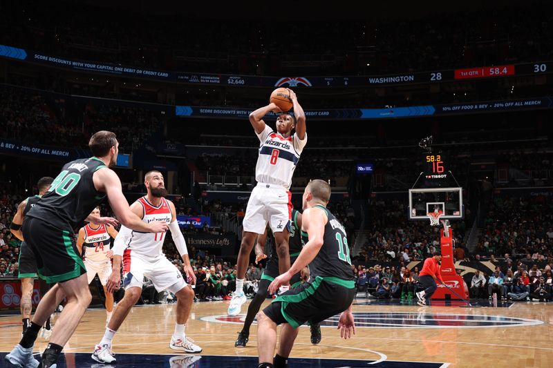 WASHINGTON, DC -? OCTOBER 24: Bub Carrington #8 of the Washington Wizards shoots the ball during the game against the Boston Celtics on October 24, 2024 at Capital One Arena in Washington, DC. NOTE TO USER: User expressly acknowledges and agrees that, by downloading and or using this Photograph, user is consenting to the terms and conditions of the Getty Images License Agreement. Mandatory Copyright Notice: Copyright 2024 NBAE (Photo by Stephen Gosling/NBAE via Getty Images)