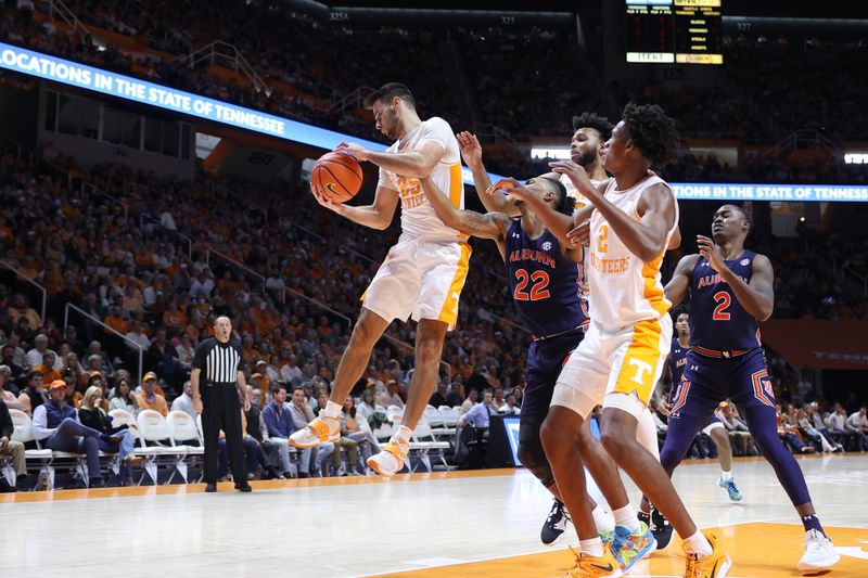 Feb 4, 2023; Knoxville, Tennessee, USA; Tennessee Volunteers guard Santiago Vescovi (25) rebounds the ball against the Auburn Tigers during the second half at Thompson-Boling Arena. Mandatory Credit: Randy Sartin-USA TODAY Sports