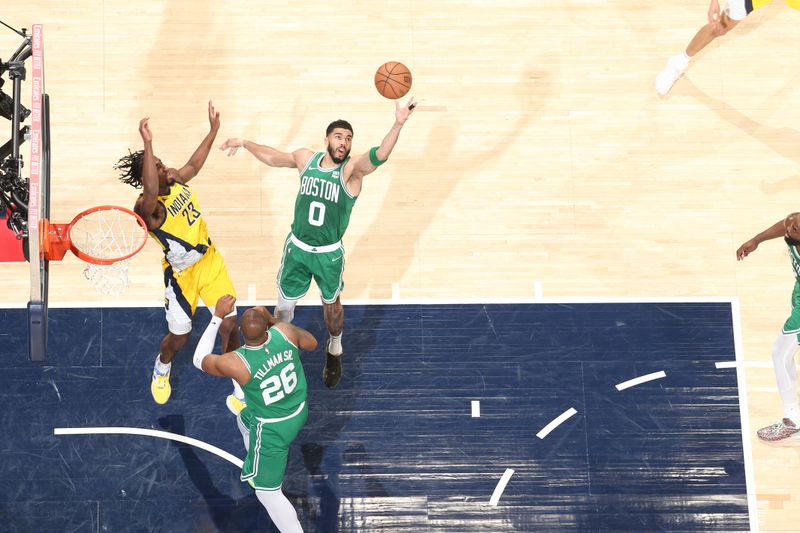 INDIANAPOLIS, IN - MAY 25: Jayson Tatum #0 of the Boston Celtics rebounds the ball during the game against the Indiana Pacers during Game 3 of the Eastern Conference Finals of the 2024 NBA Playoffs on May 25, 2024 at Gainbridge Fieldhouse in Indianapolis, Indiana. NOTE TO USER: User expressly acknowledges and agrees that, by downloading and or using this Photograph, user is consenting to the terms and conditions of the Getty Images License Agreement. Mandatory Copyright Notice: Copyright 2024 NBAE (Photo by Nathaniel S. Butler/NBAE via Getty Images)